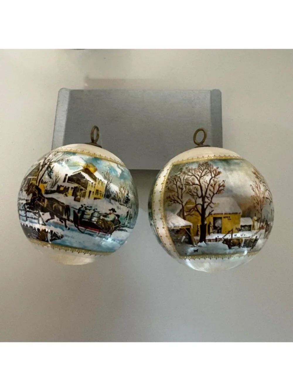 Old Fashioned Christmas Red Cardinal Paper Mache Currier Ives Ornaments Lot VTG